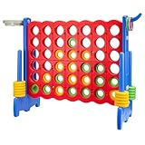Giant Connect 4, 3-in-1 Indoor Outdoor Family Game with Basketball Hoop, Ring Toss, 42 Jumbo Rings, Quick-Release Slider, Four in A Row Game Set for Kids Adult (Red+Blue)