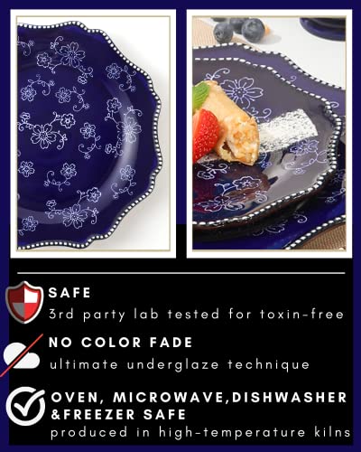Kunaboo Artisanal Small Ceramic Plates, Salad Plates, Dessert Plates Ceramic Plates Set Of 6-7.5” - Sakura Floral Series Midnight Blue - Ready To Wrap Gift #TOP3