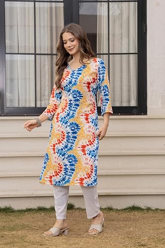 Image of Women's Tie-Dye Printed Kurti, V-Neck, 3 /4 Sleeves, Multicolour, Casual Wear