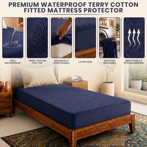 Image of Lithara Terry Cotton Fitted Mattress Protector for Single Bed | Waterproof & Elastic Band | Ultra Soft & Hypoallergenic Mattress Cover | Size : 36 x 72 Inches (3 x 6 Feet) | (Navy Blue)