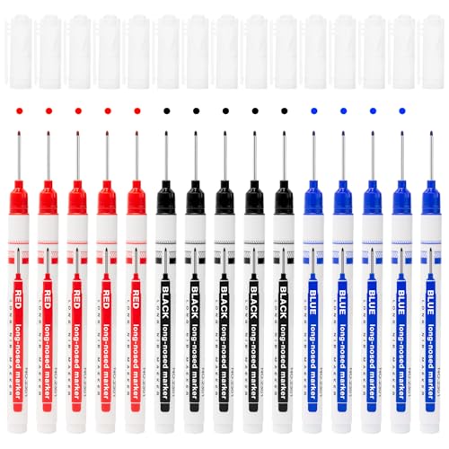 Pilikoll 15 Pcs 20mm Waterproof Deep Reach Markers Deep Hole Marker Pens Hole Marker Tool Carpenters Pen Long Head Deep Hole Marker Kit for Permanent Marking of Hard To Reach Areas (Black Blue Red)
