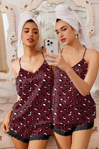 Image of Ekouaer Satin Pajamas Women Lace Sleepwear Lingerie Cami Shorts Set Nightwear XS-XXL