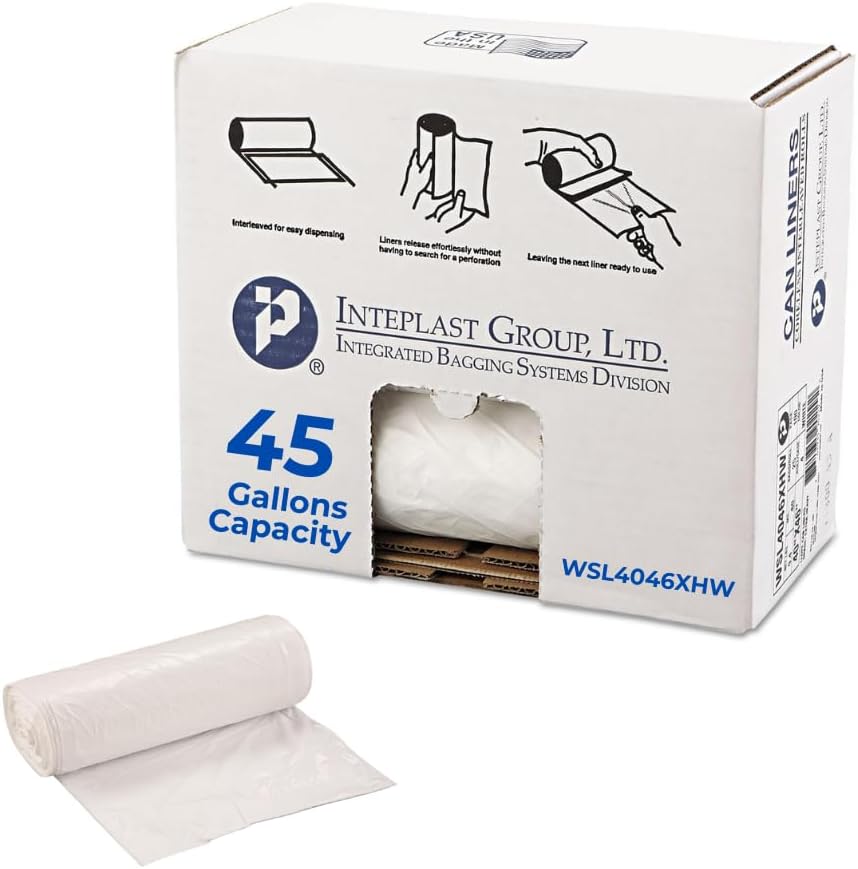 Inteplast 45 Gallons Can Liner, 40 x 46 inches size, 0.8 Mil Guage, Low Density, 25 bags per roll, 4 rolls, White | 100 Count (WSL4046XHW)