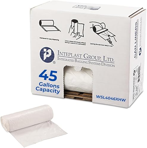 Inteplast SL4046XHW Revestimiento de latas de baja densidad, 40 x 46, 45 galones, 0.8 mil, blanco, 25/rollo, 4 rollos/cartón