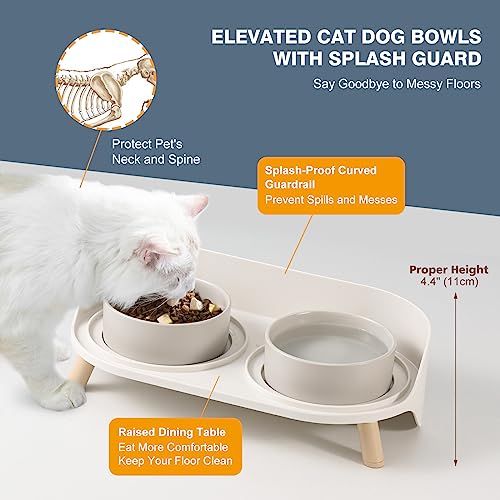 Image of Cat Food Water Bowl Set - Raised Cat Bowls with Non Slip Stand - Elevated Puppy Bowls for Small Dogs - Double Ceramic Cat Feeding Bowls with Splash Proof Guard - Tall Cat Dishes - 2 x 480 ML - 16.2 OZ
