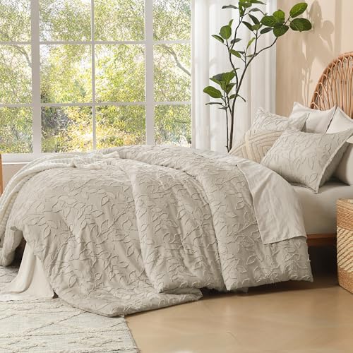 Image of Litanika Super King Size Comforter Set Oatmeal, 3 Piece Boho Tufted Bedding, Fluffy Farmhouse Bed Set for All Season with 2 Leaf Pattern Pillowcases(120x120In)