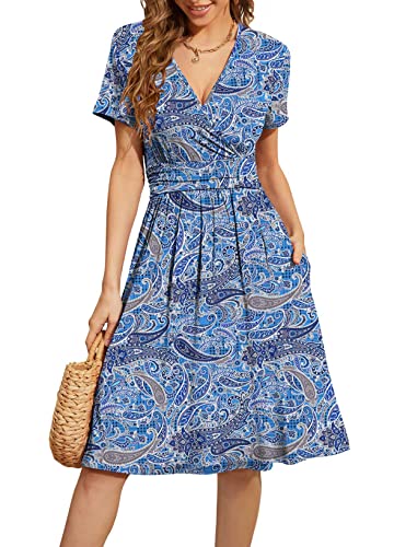 Weaczzy Summer Casual Dress For Women Short Sleeve V-Neck Beach Dresses With Pockets, Floral Cashew Blue, Large #TOP21