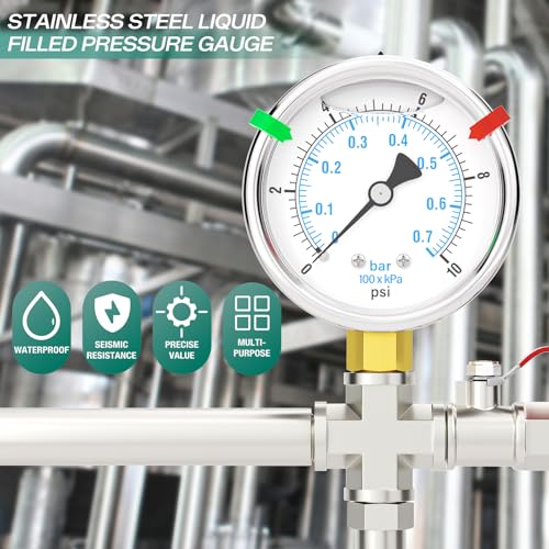 Image of 0-10PSI Stainless Steel Liquid Filled Pressure Gauge, 2.5 inch Dial Size, 1 /4 inch NPT Lower Mount, for Tube, Water Pump, Gas, Liquid, Pressure Test (with Range Mark Pointer)