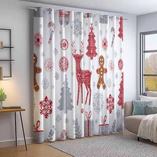 Cortinas Termicas - Elementos navideños Copos de Nieve Ciervo Aislantes Frio Cortinas Opacas Salon Dormitorio 2 Piezas 75An×166Al cm Blackout Curtain Rojo Blanco con Ojales para Habitacion Comedor
