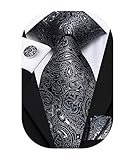 Hi-Tie Men 63inches Tie Set Extra Long Necktie Paisley Tie Pocket Suqare Cufflinks Big and Tall Men Tie,Black Grey