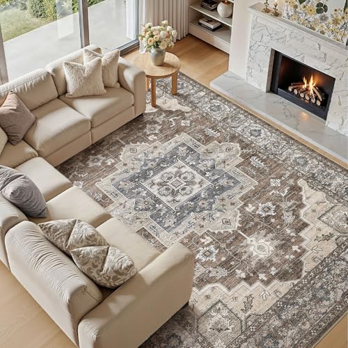 Jessibou 6x9 Area Rugs Living Room: Washable Vintage Rug Large Non-Slip Stain Resistant Ultra Soft Low Pile Pet Kids Friendly Carpets for Bedroom Dining Room Nursery Home Office Decor - Dark Brown by Jessibou - Image 7