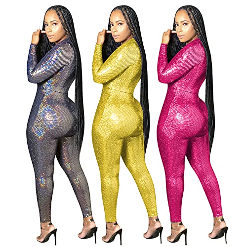 Duaruimo Women Deep V Neck Shiny Sequin Jumpsuit Long Sleeve Clubwear Party One Piece Rompers Sexy Bodycon Overalls,Pink,M #TOP3