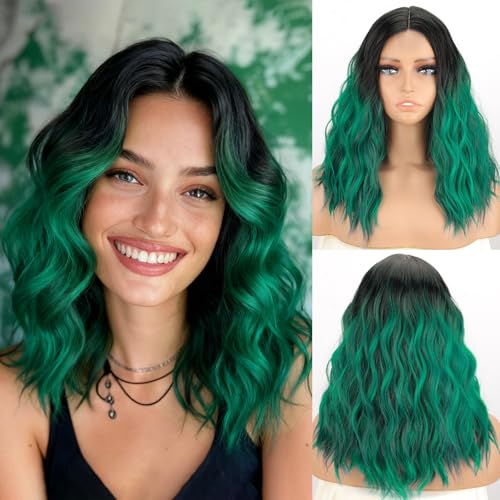 Perruque ondulée verte résistante chaleur pour changer de style