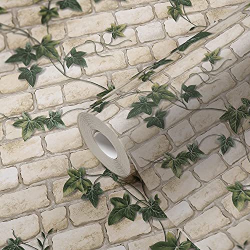 WALLCOVER Papel pintado con aspecto de piedra de hiedra natural, beige y verde, aspecto de plantas, papel pintado, ladrillo con zarcillos, para salón, dormitorio, cocina o pasillo Cover