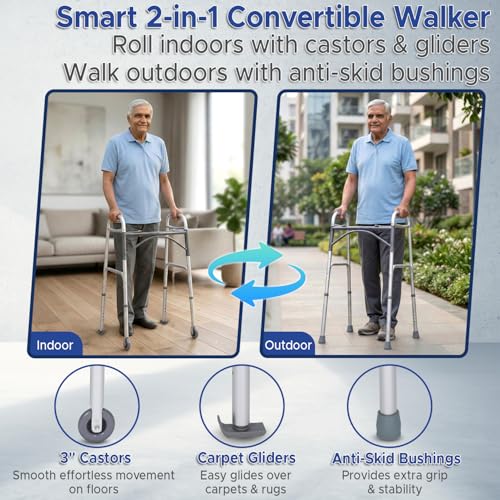 Image of KosmoCare Deluxe Folding Walker With Added Accessories - 3 inch Castors And Carpet Gliders, White