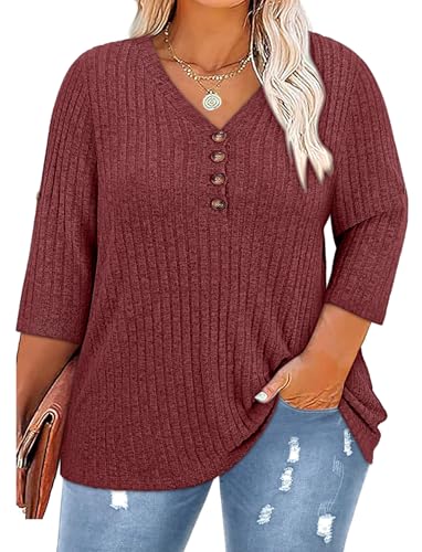 Image of Koscacy Women Plus Size V Neck 3 /4 Roll Sleeve Sweater Casual Knit Tops Solid Color Blouses