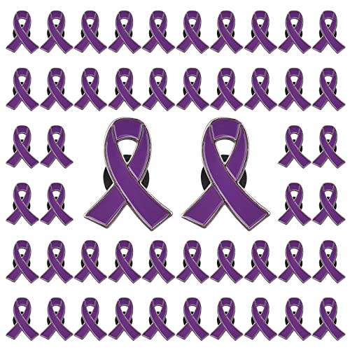 CRAFFANCY 50pcs Purple Ribbon Pins Alzheimer's Disease Awareness Badges Domestic Violence Brooch Memorial Ribbon Pins Badges for Funeral Mourning Event Bereavement Remembrance