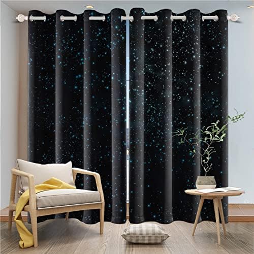 Umpoo 42x84 Inch Starry Sky Blackout Curtains Glowing Twinkle Blue Stars Glitter Galaxy Abstract Black Sky Night for Living Room Bedroom Window Drapes, 2 Panel Home Set with Holes