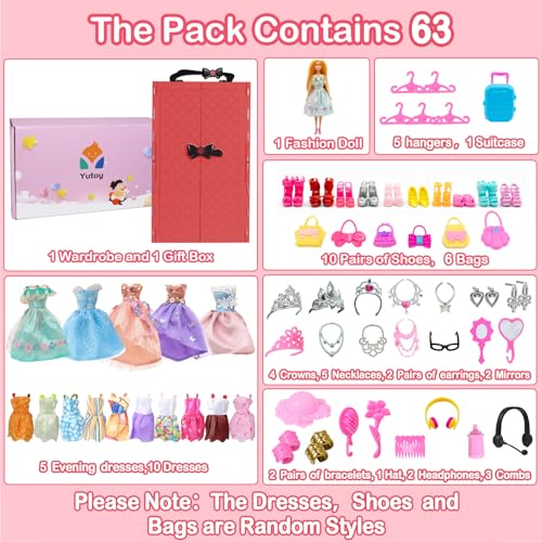 Yutoy Dolls Wardrobe Set for Clothes 11.5 Inches Girl Doll, 63 Accessories, Fashionistas Dolls, Including Doll Closet, Dress - Image 2