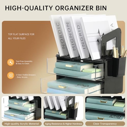 Image of CiWiVOKi Desk Organizer with 4 File Slots and 2 Drawers, Black | File organizer with dual pen holders and storage compartments for mail, documents and office supplies