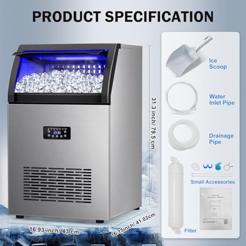 Image of Ice Maker Machine Commercial, 150Lbs /24H with 45Lbs Large Ice Capacity, 55Pcs Clear Ice Cubes Ready in 8-15Mins, Freestanding Large Ice Machine for Restaurant Bar Home Office