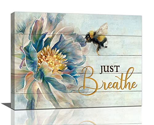 Country Bee Wall Art Rustic Floral Bee Pictures Wall Decor Farmhouse Flowers Canvas Print Just Breathe Painting Framed Home Artwork For Living Room Bathroom Bedroom Kitchen Office 16''x12''