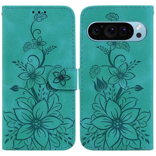 Étui en cuir Google Pixel 10 Pro 5G motif fleuri vert premium