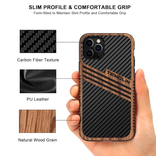 Coque iPhone 11 Pro Max étui hybride en bois carbone et cuir stripes