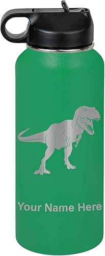 Vista 120 de LaserGram Botella de agua personalizada, dinosaurio tiranosaurio Rex, acero inoxidable de doble pared aislada al vacío con popote superior, regalo
