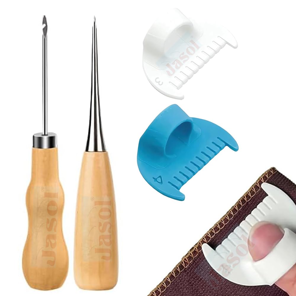 Leather Sewing Awl Set Tool Kit with Edge Stitch Lock & Sewing Gauge, Gourd Shape Wooden Handle Awl for Leather Sewing Needle Craft, Bookbinding, Stitching & Repair Pack of 4-image-16