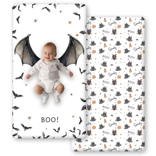 Horaldaily 2 Pack Fitted Crib Sheet for Boys Girls Soft Breathable Washable Jersey Microfiber Baby Crib Sheet Fits Standard Size Crib Mattress 28in x 52in Bats Pumpkin Nursery Sheet Sage Black/White