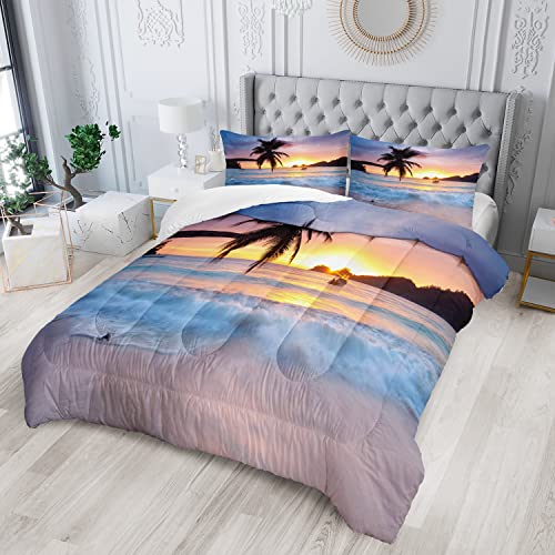 Image of AILONEN Beach Comforter Set for Kids Boys Girls, Ocean Theme Bedding Set Queen Size,Beach Pattern Quilted Duvet,Ultra Soft Coastal Beach Quilt,1 Comforter 2 Pillowcases 3 Piece