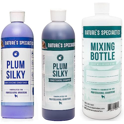 Shampoo e Condicionador para Cães Nature's Specialties Plum Silky com Garrafa de Mistura, 3 Peças de 480 mL
