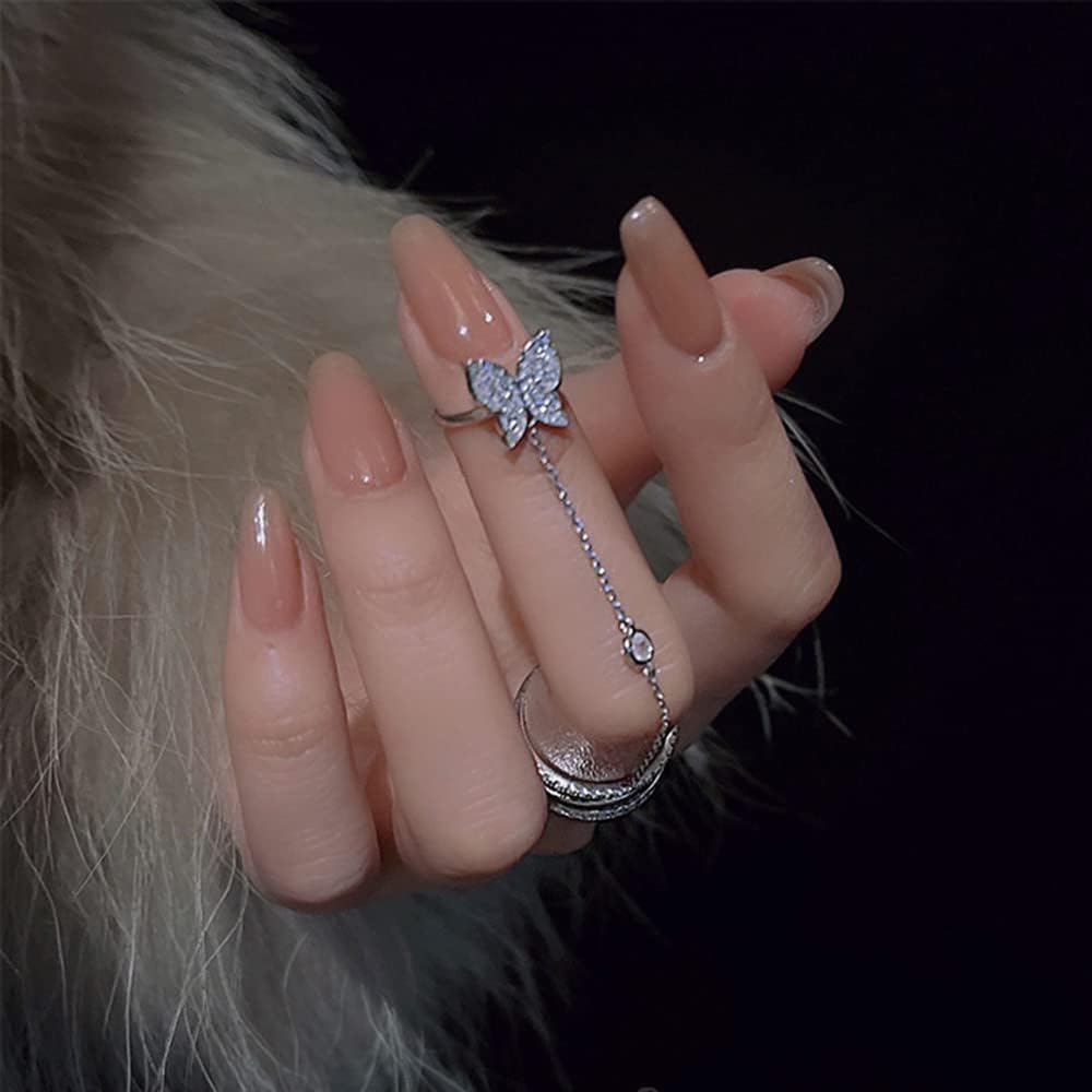 Bohemian Butterfly Crystal Pendant Chain Rings - Vintage Silver Gothic Adjustable Finger Rings for Women (Style B) - Image 6