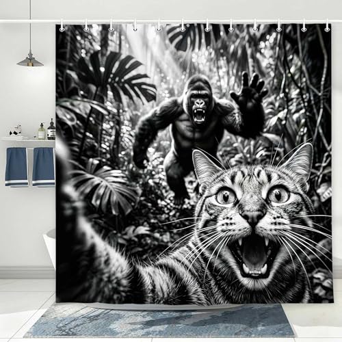 Image of Funny Cat Selfie with Gorilla in Jungle Shower Curtain, Black White Humorous Animal Bathroom Decor, Waterproof Polyester Fabric Bath Curtain Set with 12 Hooks, 47x64 Inch