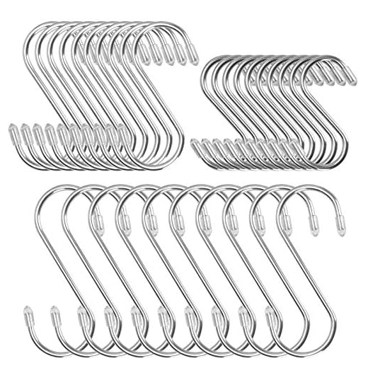 30 stycken S-krokar krokar i rostfritt stål, Bolatus S-form metallkrokar anti-rost krokar hängare för kök badrum sovrum kontor krokar i rostfritt stål (3 storlekar)