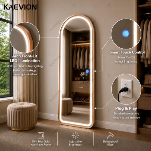 Image of 5 Feet 3 in 1 LED Lighted Arch Mirror, Rose Gold | Full Length, Wall-Hanging, Premium 5mm Thick Frame, Backlit Tall Arched Vanity Mirror
