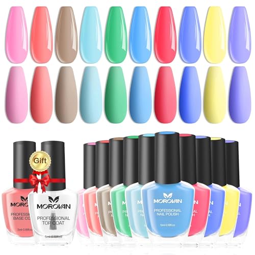 Morovan Zestaw lakierów do paznokci – 10 kolorów makaroników do paznokci, zestaw 2 szt. Base Coat Top Coat Top Coat UV 5 ml żel lakier do paznokci UV szybkoschnący lakier do paznokci zielony zestaw do
