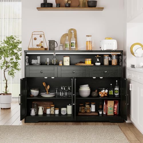 Image of 51 inch Black Buffet Sideboard Cabinet with Storage, Farmhouse Kitchen Storage | Pantry Cabinet with Drawers, Wood Cupboard Hutch, Coffee Bar Station Table for Kitchen, Living Room, Dining Room