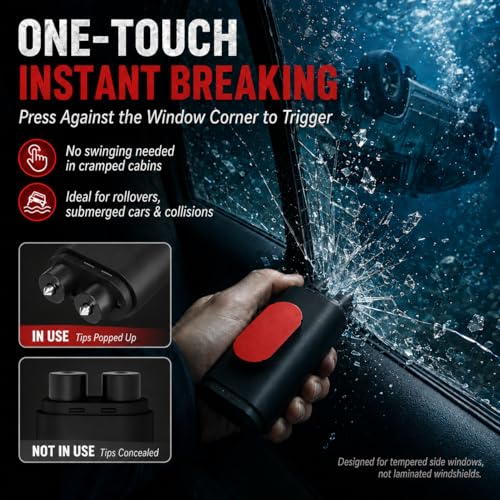 AOVSTOXIC 2 Pack Spring-Loaded Car Window Breaker and Seatbelt Cutter, Emergency Escape Tool with Testing Glass, Portable Automotive Safety Hammer for Underwater/Rollover Rescue (Red/Black) — view 2