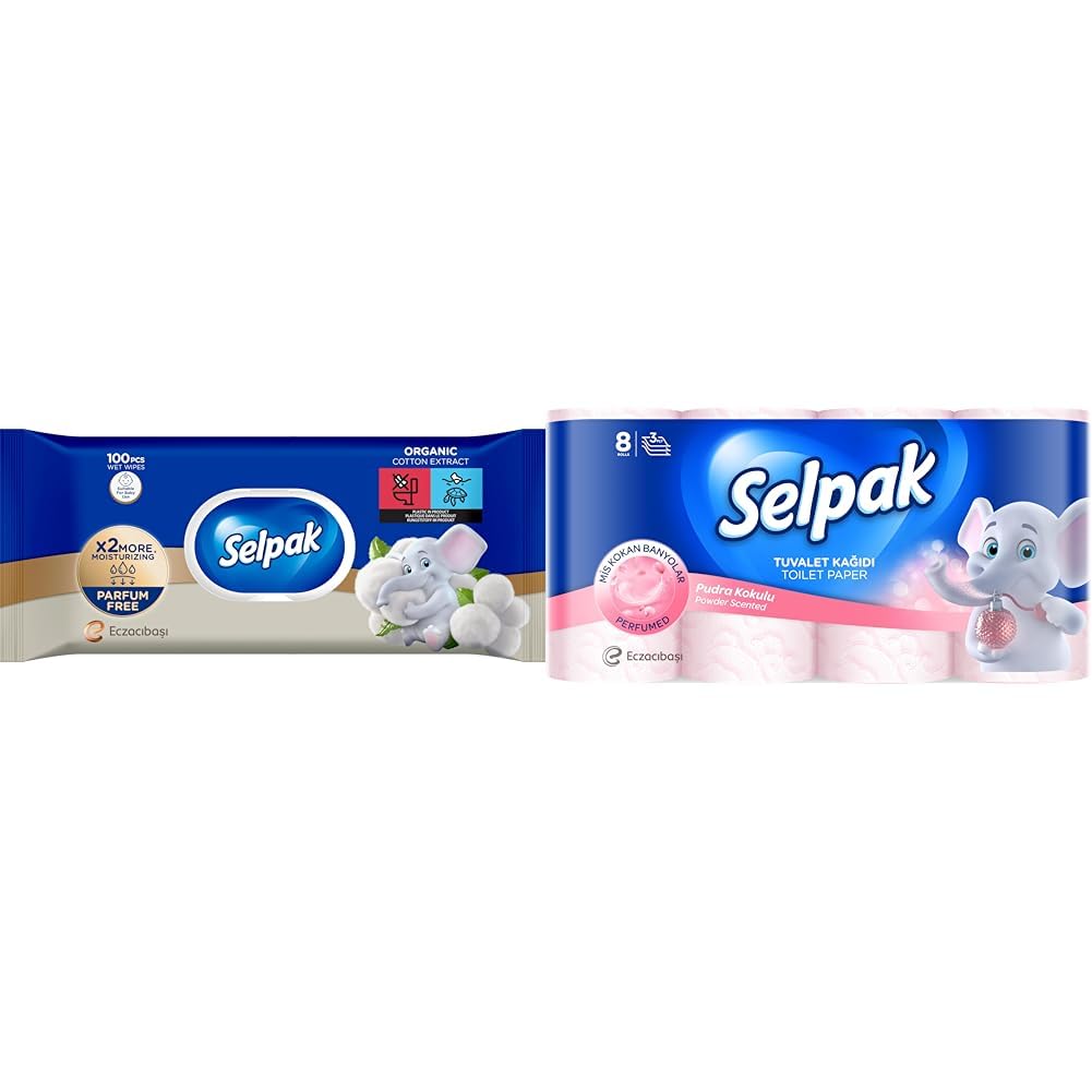 SELPAK Wet Wipes Organic Cotton Extract 100pcs | Selpak Perfumed Toilet Tissue Roll 3ply (Powder, 8 Rolls/Pack)-image-32