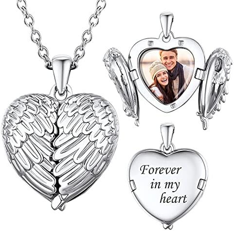 SILVERCUTE Heart Locket Necklace that Holds Pictures Customized Platinum Plated Guardian Angel Wings Photo Lockets Pendant for Women Men