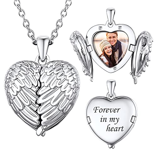 SILVERCUTE Personalized & Engraved Locket Necklace with 18" Chain -Angel Wings Locket, Custom Heart Locket Pendant that Holds Picture, Sterling Silver