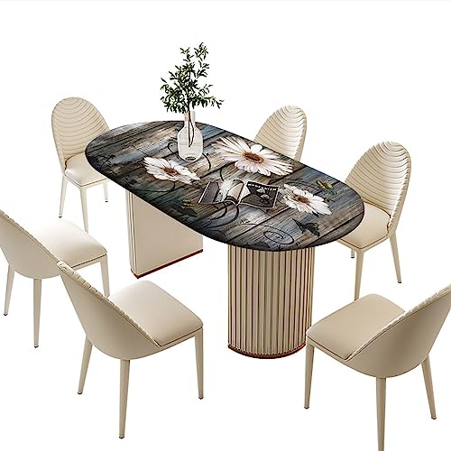 Daisy Floral Oval Fitted Tablecloths, Butterfly Daisy Flowers Elastic Edged Stretch Table Cover, Fits to 42" X 60" Tables, Table Cloths for Indoor Family Banquet and Outdoor Patio Use, Grey by Dansfeng - Used condition - Image 2
