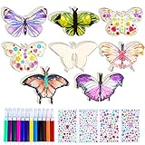 Joycabin 48 Stück Schmetterlinge Holz, DIY Unvollendete Schmetterling Bastelset, Schmetterlinge Deko mit Aquarellstift und Edelsteinaufkleber für Kinder Malen, Kindergeburtstag, Weihnachten Geschenk