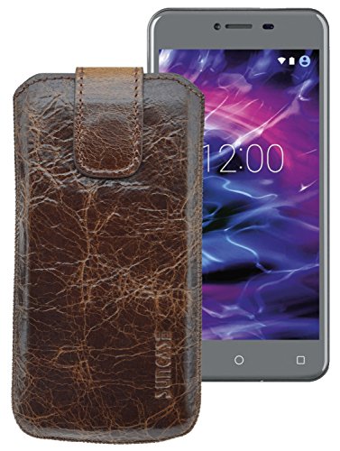 Suncase ECHT Ledertasche Leder Etui für Medion Life E5008 Tasche (mit Rückzugsfunktion & Klettverschluss) Rustik-Tabak braun