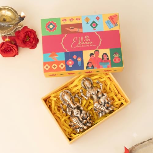 Image of Ekhasa 100% Pure Brass Lakshmi Ganesh Idol with Gift Box | Pital Murti for Pooja Room Decor Office Desk | Religious Housewarming Grah Pravesh Diwali Wedding Gift for Couple