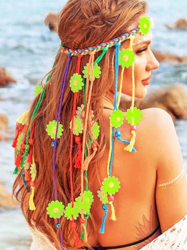 GENBREE Boho Flower Headband Rainbow Daisy Hair Accessories Hippie Headpiece for Women (Green)