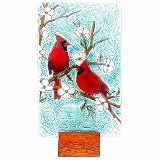 Bolla Glass Art - Red Cardinals Ornament Desk - Handmade Fused Glass Art, 4.35-Inch Tabletop Decoration, Unique Handmade Gift, Scratch-Resistant & Fade-Resistant, Eco-Friendly with Wooden Stand