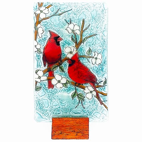 Bolla Glass Art - Red Cardinals Ornament Desk - Handmade Fused Glass Art, 4.35-Inch Tabletop Decoration, Unique Handmade Gift, Scratch-Resistant & Fade-Resistant, Eco-Friendly with Wooden Stand